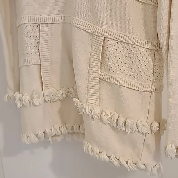 Tory Burch Women’s Baja Mixed Knit Hoodie Cream Tassel V Neck Pullover Sweater L - Picture 2 of 4
